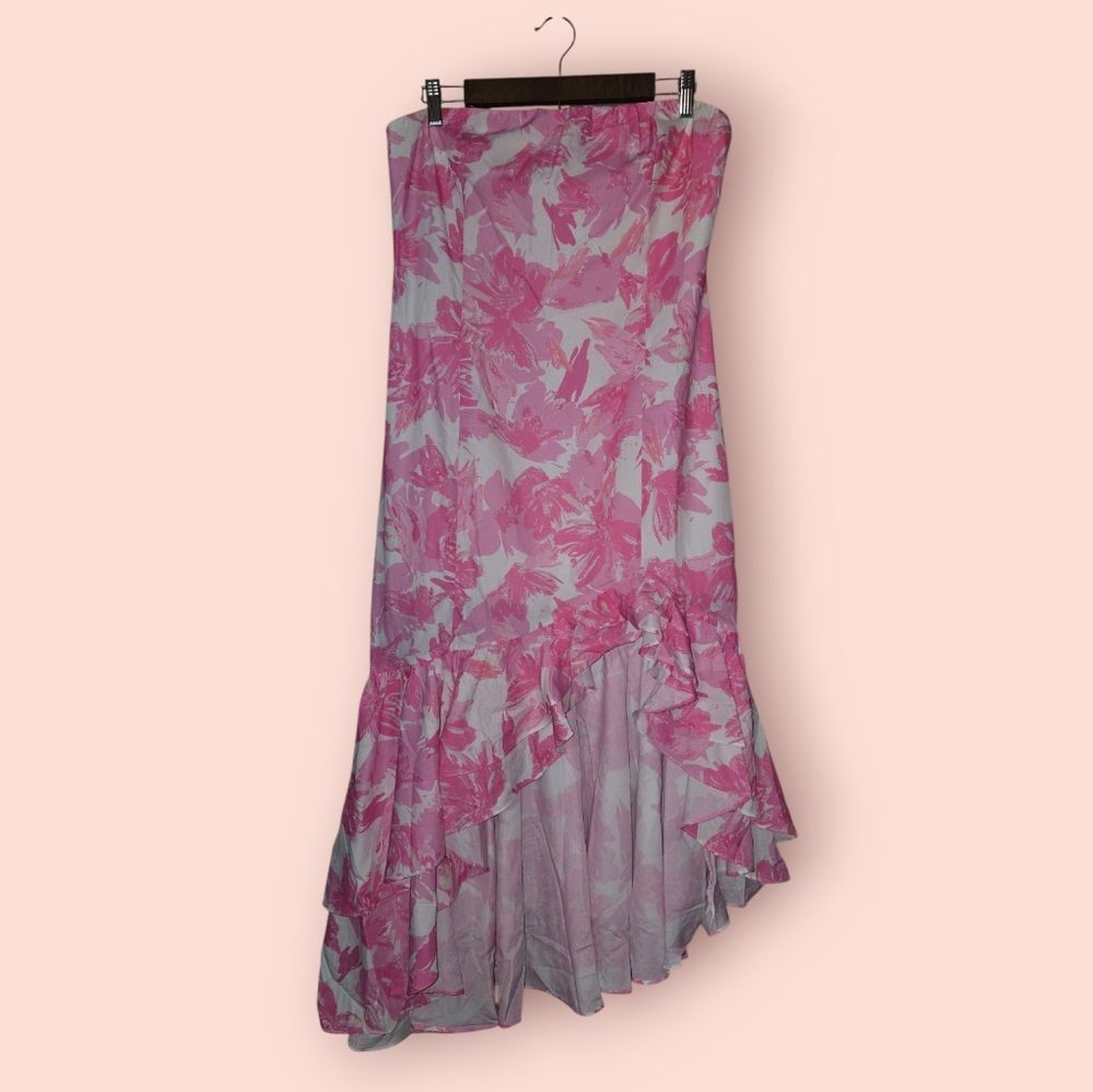 Hello Molly Dancing With Desire Strapless Midi Dress Pink Floral Hi Lo Party 10